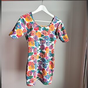 Vtg 90s Rainbow Floral Short Sleeve Mini Bodycon Dress Saved By The Bell Vibes